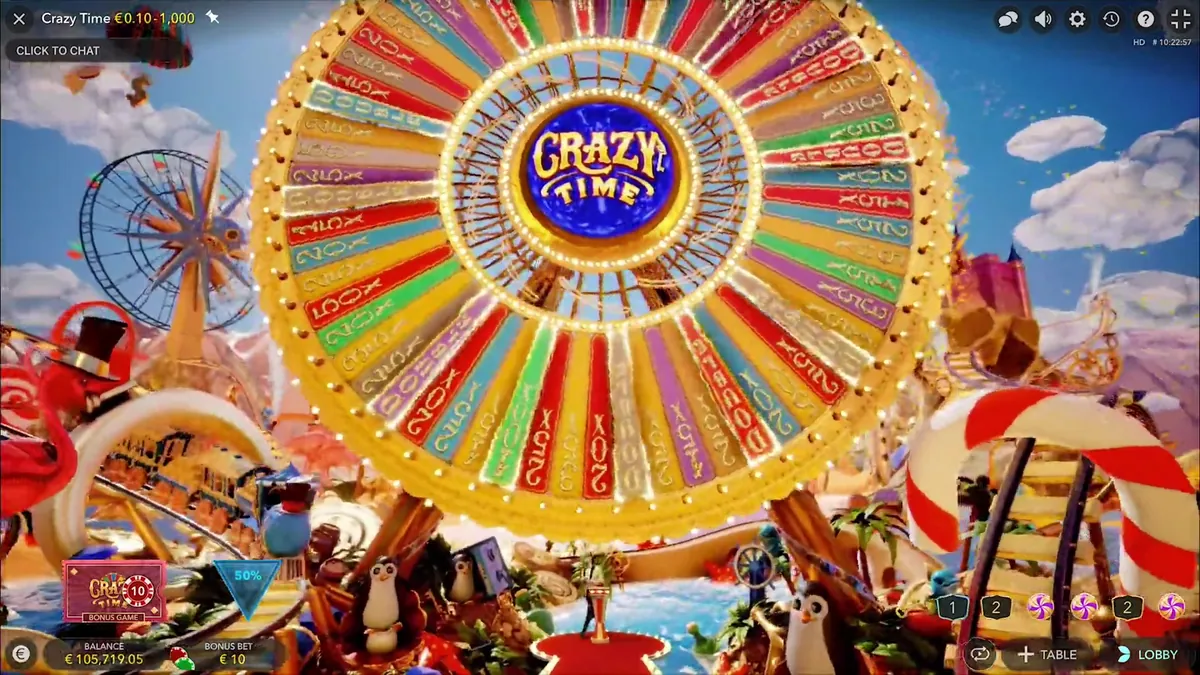 La ruota gigante del bonus Crazy Time nel mondo virtuale