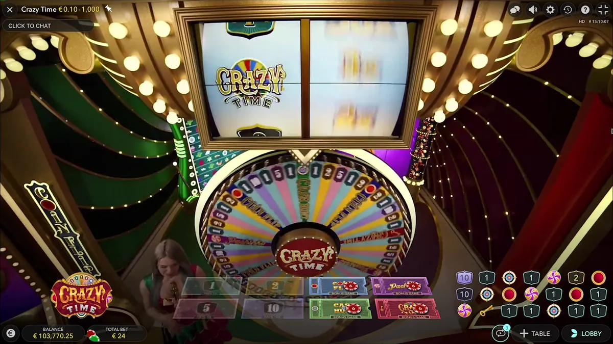 Lo studio di Crazy Time con il Top Slot sopra la ruota